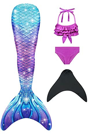 Pyjacos meerjungfrauenflosse mädchen Badeanzug - Meerjungfrau Flosse Bademode mit Bikini Set und Monoflosse Mermaid Tail, 4 Stück Set,2blackseg5+74-150