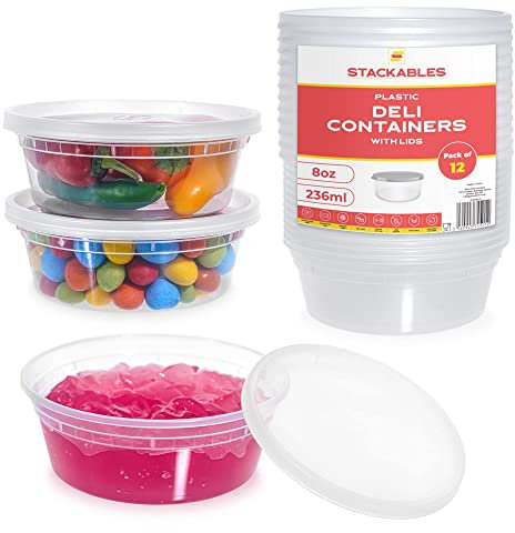 STACKABLES ~ Pack of 12 Food Storage 236ml Plastic Containers with Lids Combo Pack ~ 8oz Microwave & Dishwasher Safe Deli Food Containers with Lids Reusable Container Set Tubs for Meal Prep