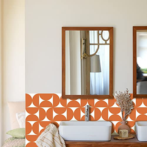 Alwayspon 12PcsX20cmX20cm Vinyl Floor Wall Tile Sticker Transfer, Non-slip Sticky Back Tile Decals for Kitchen Bathroom Self-adhesive Peel and Stick PVC Stick on Tile, Orange and White Boho