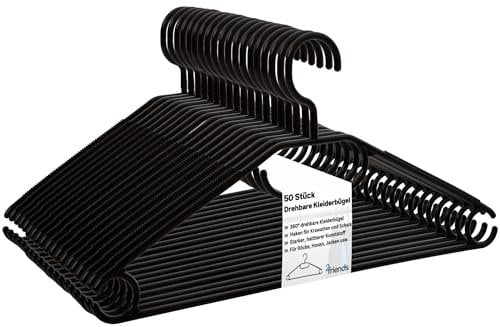 Kleiderbügel schwarz 50 Stück mit drehbaren Haken, Bügel, Kunststoff, Kleiderbügel Plastik schwarz, Made in EU, Kleiderbügel Haken platzsparend, 100% Recyclingmaterial