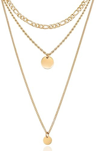 RUGGED steel - Damen Ketten Set aus Edelstahl mit runden Plättchen Anhängern für Layer Looks - 3 Halsketten -> 7 Styles - inkl. Schmuck-Box (40+8/45+8/60 cm, Gold)