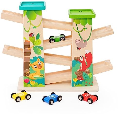 Kugelbahn Autos Holz ab 1 Jahr, Auto Rennbahn Holz Spielzeug, Holz Kinderspielzeug 1 2 Jahre Jungen mit 4 Miniautos und 2 Parkplätzen