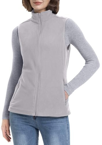 33,000ft Damen Fleece Weste Jacke Standkragen Ultraleicht Outdoor Westen Tops mit Taschen Reißverschluss Gilets Damenweste Stein Grau 54