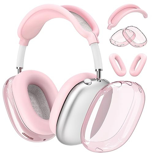 【4 in 1】 Set for Apple AirPod Max Case Cover, Anti-Scratch Ear Pad Covers/Ear Cups Cover/Headband Cover, AirPod Max Covers Accessories for Apple AirPods Max (2020 Lightning /2024 USB-C)-Clear Pink