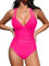 CUPSHE Maillot de bain femme, col en V, gainant, double bretelles, dos croisé, une pièce, rose fluo, L