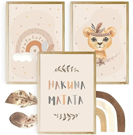 EULENTALER® Poster für Kinderzimmer I Hakuna Matata I Von Pädagogen kreativ & liebevoll gestaltet I Tierposter Babyzimmer I Wandposter für Mädchen & Jungen (3er Set im DIN A4 Format)