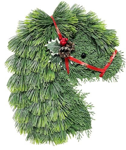 belupai Pferdekopf-Weihnachtskranz für die Haustür, 39,9 cm, Künstlicher Tannenzweig-Kranz mit Rotem Band-Dekor, Rustikale Künstliche Grüne Weihnachtskränze,(Grün)
