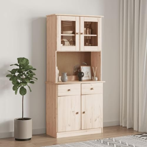 Hommdiy Küchenschrank, Hochschrank Küchenbuffet Vitrinenschrank, Buffetschrank Highboard ALTA Highboard mit 2 Schubladen und 2 Türen 77x35x165 cm Massivholz Kiefer