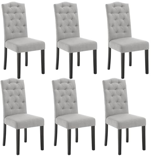 Lestarain Chaise Salle à Manger, Lot de 6, Chaise Scandinave, Chaise de Cuisine avec Dossier Haut, Assise Rembourrée, Revêtement en Lin, Pieds en Bois Massif, Gris Clair, LCNI120002-6