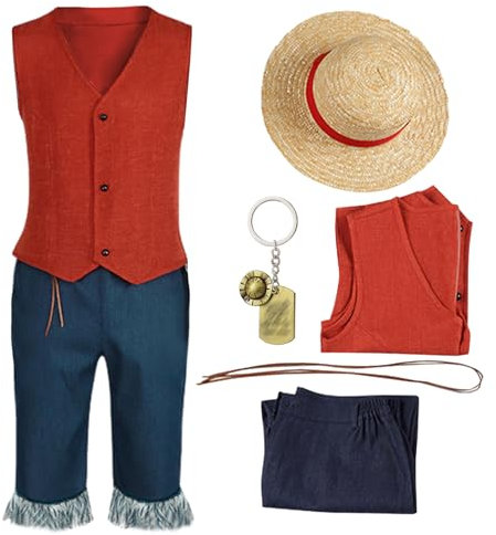 Antsparty Costume Luffy pour homme en polyester rouge avec chapeau de paille, porte-clés, Halloween, carnaval, fête XL, homme
