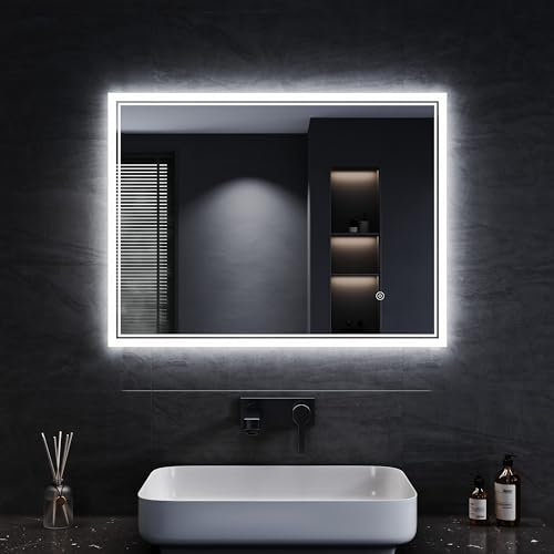 SONNI Espejo de Baño con Iluminación 80 x 60 cm Antiniebla Espejo de Baño con Interruptor Táctil Espejo de Pared Blanco Frío 6400k Interruptor de Pared IP44