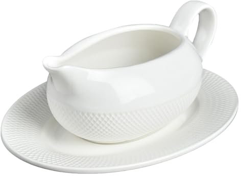 Fellflying White Gravy Boat with Saucer, Sauce Boat Gravy Serving Dish, Gravy Server with Tray, Ceramic Dipping Bowls Dressing Dispenser, Gravy Bowl For Salad Cream Milk Broth