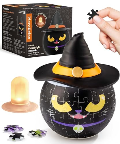 PieceRelax 3D LED Puzzle Candle Light Magic Cat | 3D Puzzle for Adults, Indoor & Outdoor Halloween Decorations, Rechargeable Decorative Light, KL1075