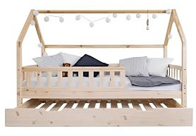 Profiwood Kinderbett mit Ausziehbett - Kinder Einzelbett - Funktionsbett, Ausziehbett, Jugendbett, Hausbett für Jungen und Mädchen - aus natürlichem Holz, Massives Kiefernholz- 90x200 cm