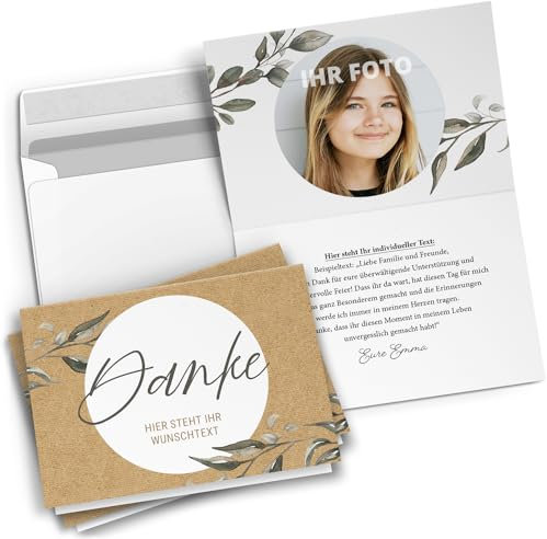 Einladungskarten Manufaktur Hamburg 10 PERSONALISIERTE Dankeskarten mit eigenem Text und eigenem Foto Eukalyptus Craftpapier Look