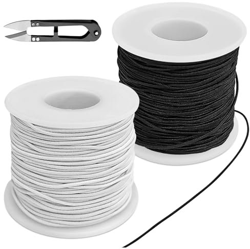 Kisvic Gummiband für Armbänder, 2 Rollen 1mm Armbänder Nylonschnur mit Schere, Elastisches Band für Ornamenten, Schmuckherstellung, Nähgarn,Armbändermachen