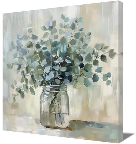 ZQQART Kunstdruck auf Leinwand Motiv grüne Eukalyptusblätter botanisches Bild Aquarell Blatt Glasvase Gemälde für Küche Badezimmer Heimdekoration (Eukalyptusblume,40x40cm)