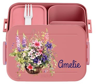 wolga-kreativ personalisierte auslaufsicherer Lunchbox Erwachsene Frau Pausendose Mepal mit Blumenkorb Motiv Brotzeitbox Vesperdose mit Namen 2 Unterteilung Fächer bedruckt