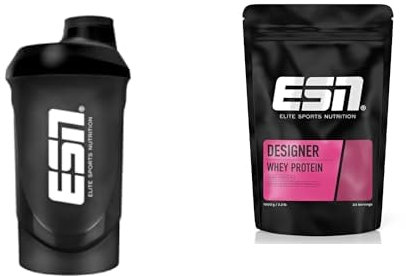 ESN Shaker, Black, 600 ml, auslaufsicher, Shaker mit Messskala zum einfachen Dosieren + Designer Whey Protein Pulver, Vanilla, 1 kg, Bis zu 23 g Protein pro Portion, made in Germany