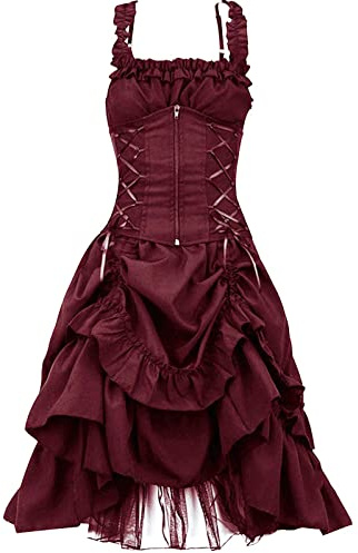Womens Steampunk Corset Dress UK Sale Clearance, Ladies Victorian Ruffle Vintage Dress Gothic High-Low Dresses Lace up Punk Medieval Dress Elegant Spaghetti Strap Dress Skirt Retro Cocktail Dress