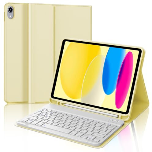 Keyboard Case for iPad A16 11th Generation 2025/10th Generation 2022, UK Layout Detachable Bluetooth Keyboard with Slim Cover and Pencil Holder for iPad 10th/11th Generation 10.9/11 inch, Light Yellow