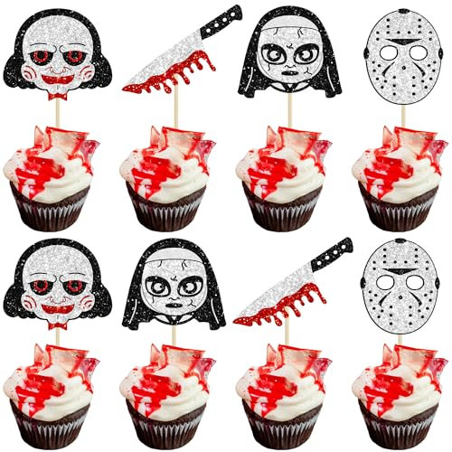 Gyufise 24Pcs Horror Movie Cupcake Toppers - 24 Count - Silver Metallic - Halloween, Birthday, Baby Shower, Horror Theme Party - Cake Toppers