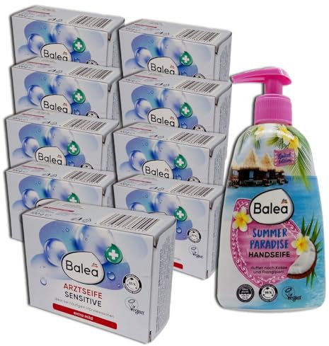 Balea 10er Set: 9x Seifenstück, Vegan mit wertvollen Ölen, Sheabutter sowie Vitamin E 10 x 100 g – 1 x Cremeseife 500 ml