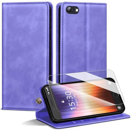 Handyhülle für iPhone SE 3/2(2022/2020) Hülle,Premium Lederhülle für iPhone 8/7 [Mit 1 Stück Panzer Schutz Glas] Magnet Kartenfach Klapphülle Schutzhülle für iPhone SE 2020/iPhone 8/7,Lila