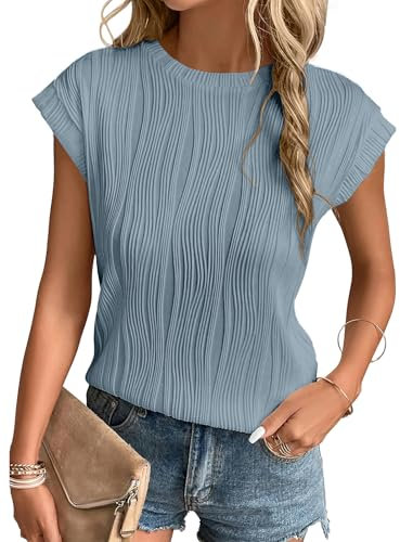 Gemulate Womens Tops Women's t-Shirts Trendy Dressy Blouses for Women UK Elegant Smart Casual Tshirts Short Sleeve Blouses Lake Blue M