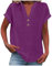 Women Tops, Ladies Tops 2025 Women's Summer Cotton Linen Cap Sleeve T-Shirt Button V Neck Tunic Top Fashion Baggy Solid Plain Casual Shirts Trendy Blouse Dark Purple
