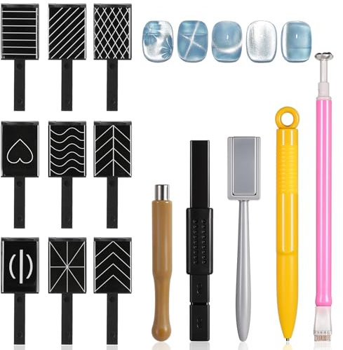 JIEYAO 14Pcs Nail Magnet Tool Set, Cat Eye Gel Nail Polish Magnet Pens Magnet Stick 3D Magnetic Double-Head Flower Design Nail Art for UV Gel Line Strip Multi-Function Magnet Board DIY Nail Art Tool