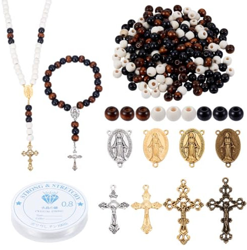 nbeads Über 348 Stück Rosenkranz-Schmuck machen Findings Kits, Inklusive Holz Runde Perlen Legierung Kreuz Anhänger mit Elastischen Kristallfaden für DIY Handwerk
