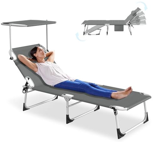 NAIZY Sonnenliege klappbarer Liegestuhl mit Dach, 194x67x30 cm Gartenliege Höhe/Länge verstellbar Rückenlehne tragbar Campingliege inkl. Kopfkissen & Seitentasche (Anthrazit)