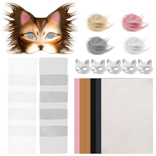 VAVPUP 6 Stück Katzenmasken,Therian Mask mit 5 Kuns Fell und 12 Eye Mesh,Kreatives Katzenmasken Set,Lustiges Maskes Kunsthandwerk Kit,DIY Papier Maske für Karneval,Maskerade, Cosplay, Party
