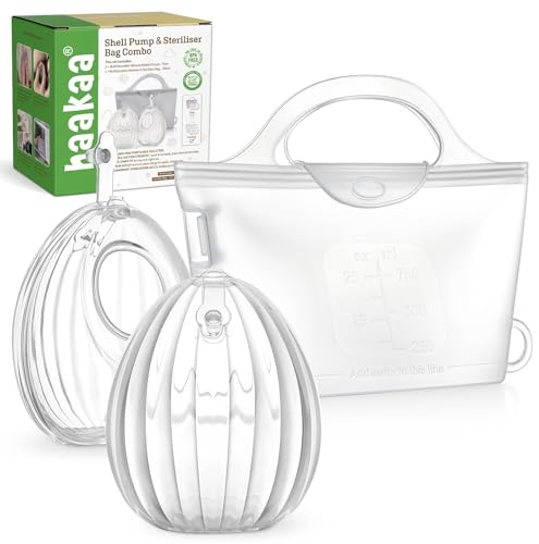 haakaa Wearable Silicone Breast Pump with Steriliser Bag, 2-in-1 Hands-Free Passive Breast Milk Catcher for Nursing Mom, Breastfeeding Essentials, 2-Pack 75ml Pumps & 1 Steriliser Bag, Frosted
