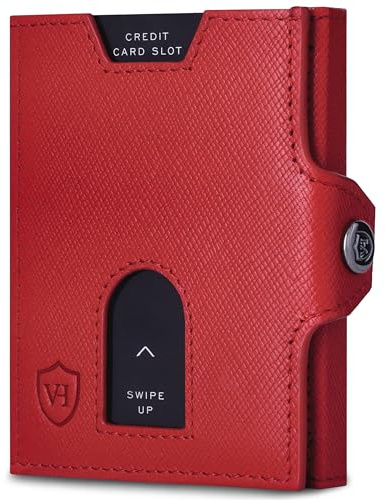VON HEESEN Slim Wallet mit XXL Münzfach & RFID-Schutz - Leder Geldbeutel - Mini Geldbörse für Herren und Damen - Kartenetui Echtleder Karten Portemonnaie klein - Kreditkartenetui Rot Saffiano
