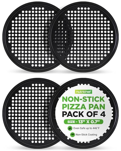 NutriChef Non-Stick Pizza Pans 33cm, 4-Pack Round Pizza Tray for Oven, Commercial-Grade Carbon Steel Baking Steel, Non-Stick Grey Coating, Ideal Baking Accessories for Stuffed Crust
