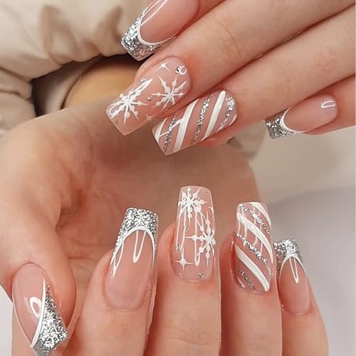 24 Stück Nude Glitter French Long Press-on-Nägel | Schneeflocke Weihnachts-Nageldesign | Elegante künstliche Nägel mit Kleber | Langanhaltender & bequemer Sitz | Acrylnägel für die Weihnachtsfeier