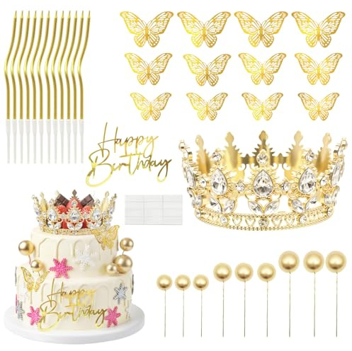 Krone Tortendeko 35 Stück, Goldene Krone für Torte mit Happy Birthday | Cake Topper,Gold Kugeln,Schmetterlings, Kerze,Happy Birthday Tortendeko,Tortendeko Heburtstag Gold für Geburtstag Feste Party