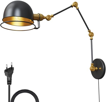 HMAKGG Vintage Wandlampe mit Stecker, Industrial Wandleuchte Innen mit Schalter und Schwenkarm, 260° Drehbare Nachttischlampe Wand, E27 Verstellbare Wandleuchte Schlafzimmer, Schwarze