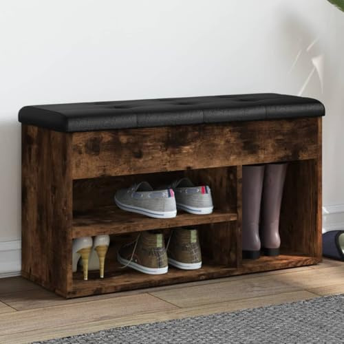 LoogCape Schuhbank Räuchereiche 82x32x45,5 cm Holzwerkstoff mit gepolstertem Sitzkissen für Flur Schuhgarderobe mit Stauraum-Truhe zum Ordnung halten