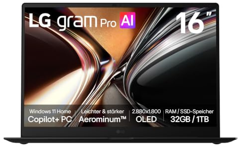 LG gram Pro 16 16Z90U-K.AUB8GN 16 Zoll WQXGA+ OLED Copilot+ Notebook, Intel Core Ultra X7 358H, Intel Arc B390, 32GB RAM, 1TB SSD, federleicht (1,199 kg), gram AI, 77 Wh, 2X Thunderbolt 4, Schwarz