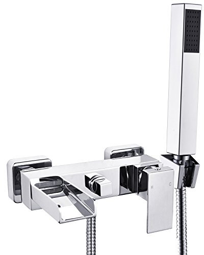 Wasserrhythm 2 Verbraucher Wannenarmatur Einhebel-Wannenmischer Armatur Wasserhahn Duscharmatur mit Handbrause inkl. Wandhalterung für Bad Wasserfall, Wandmontage aus Messing verchromt