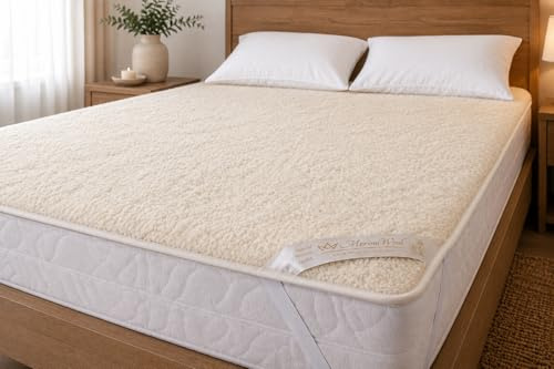 Merino Wool Merinoull sängkläder, naturlig sängkläder ull madrass topper fleece lakan naturlig produkt årstider vändbar ull underfilt hörnremmar (140 x 190 cm)