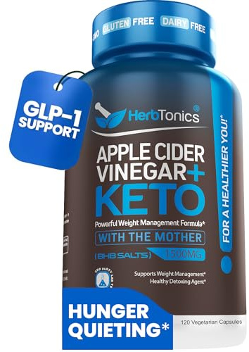 Herbtonics Apple Cider Vinegar + Keto BHB Capsules | GLP-1 Support for Appetite, Cravings & Weight Management | Metabolism Support with Satiety Support | 120 Capsules - 2 Month Supply
