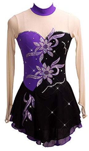 Kaiyei Eiskunstlaufkleid Frauen Mädchen Eislaufkleid Royal Chemical Fiber Mischung Nylon Material Handgefertigte feine Bohrer Schwarzes Veilchen XS