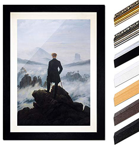 Bild mit Rahmen - Caspar David Friedrich Der Wanderer über dem Nebelmeer 60x80 cm ca. A1 - Gerahmter Kunstdruck inkl. Galerie Passepartout Alte Meister - Rahmen schwarz