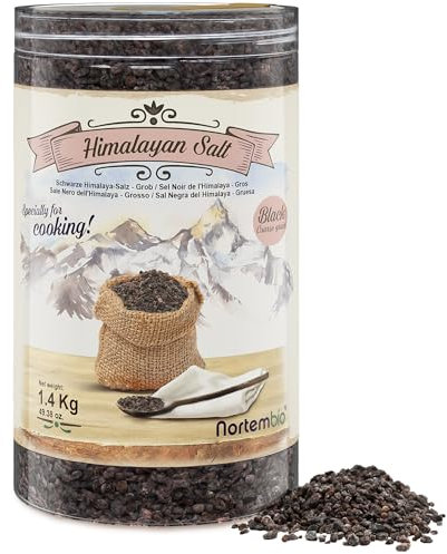 Nortembio Sal Negra del Himalaya 1,4 Kg. Gruesa (2-5 mm). Sabor a Huevo Frito. Kala Namak. Sal Gourmet para Condimentar. 100% Natural. Vegana. Sin Refinar Ni Conservantes. De Punjab Pakistán.