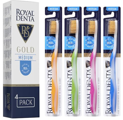 Royal Denta Gold Medium Zahnbürsten 4er-Pack - Doppellänge Borsten für Interdentalreinigung, Goldpartikel gegen Bakterien, Zahnsteinentfernung, Mittlere Stärke, Mehrfarbig