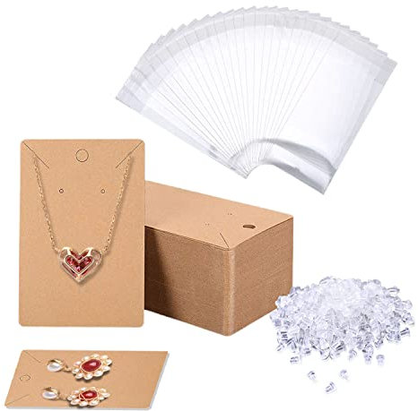 VIKSAUN 300 Stück Karten Schmuck Display Kraftpapier 50 Aufbewahrung Ohrring Halterung Karten mit 50 OPP Zellophan Selbstklebende Taschen, 200 Ohrhaken für DIY Verpackung Display Schmuck (Braun)